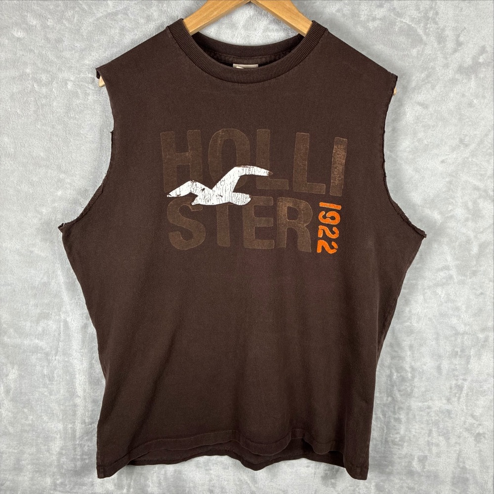 Hollister Mens Brown Muscle Tee Sleeveless Graphic T-Shirt XL 1922 Seagull Logo